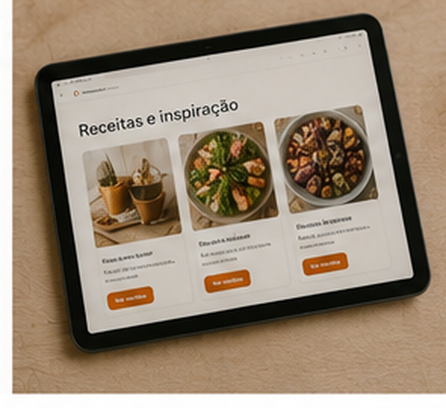 Tablet a mostrar uma biblioteca de receitas e inspiração