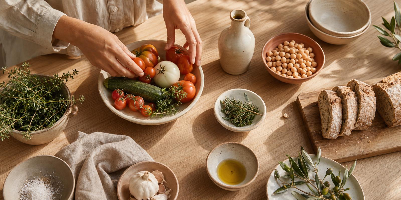 Mãos a organizar ingredientes frescos numa mesa de madeira clara, com azeite, ervas, tomates e pão integral