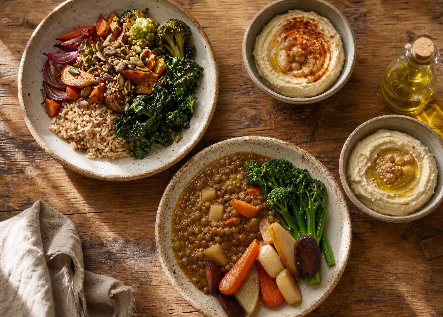 Dois pratos de comida macrobiótica, dois hummus e um frasquinho de azeite numa mesa de madeira rústica