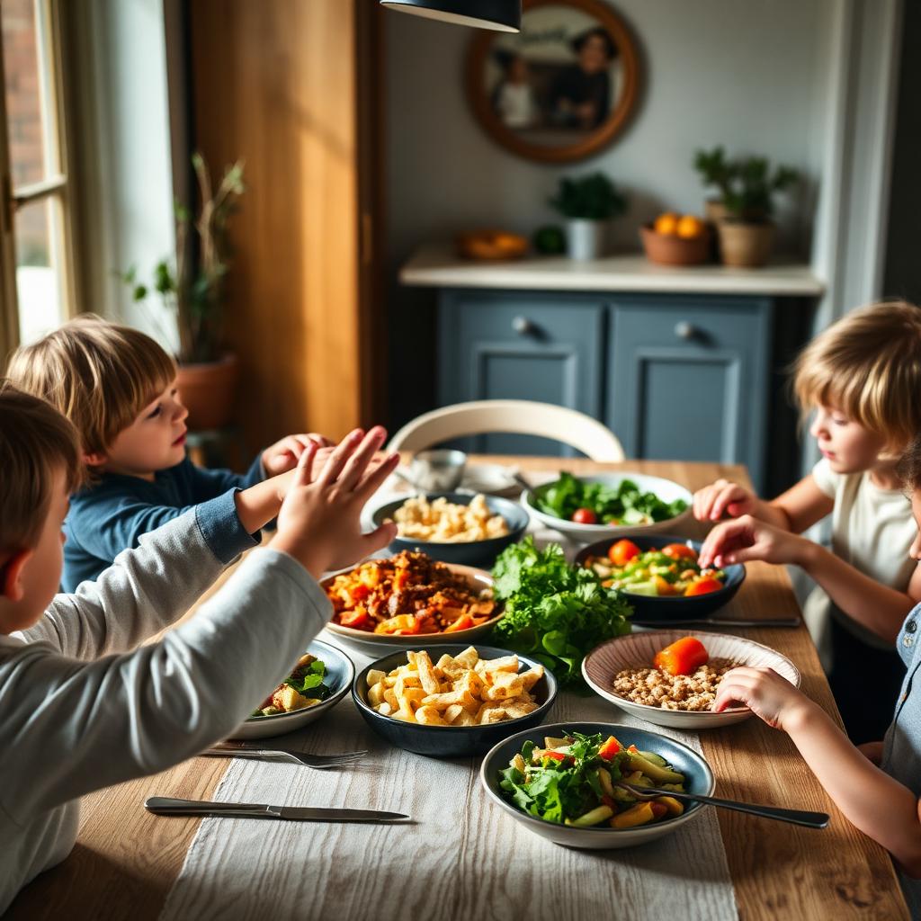 Refeição familiar à mesa com pratos naturais