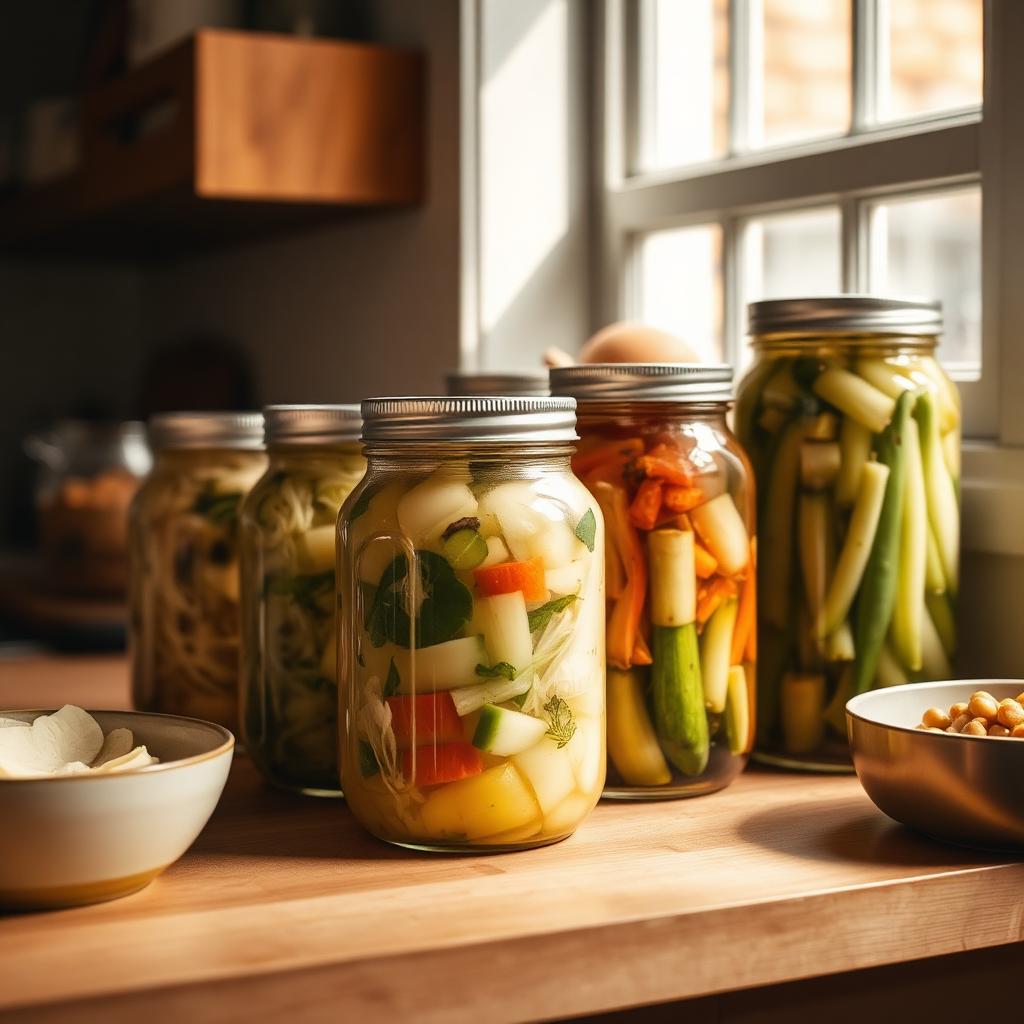 Frascos de fermentados caseiros com chucrute e pickles