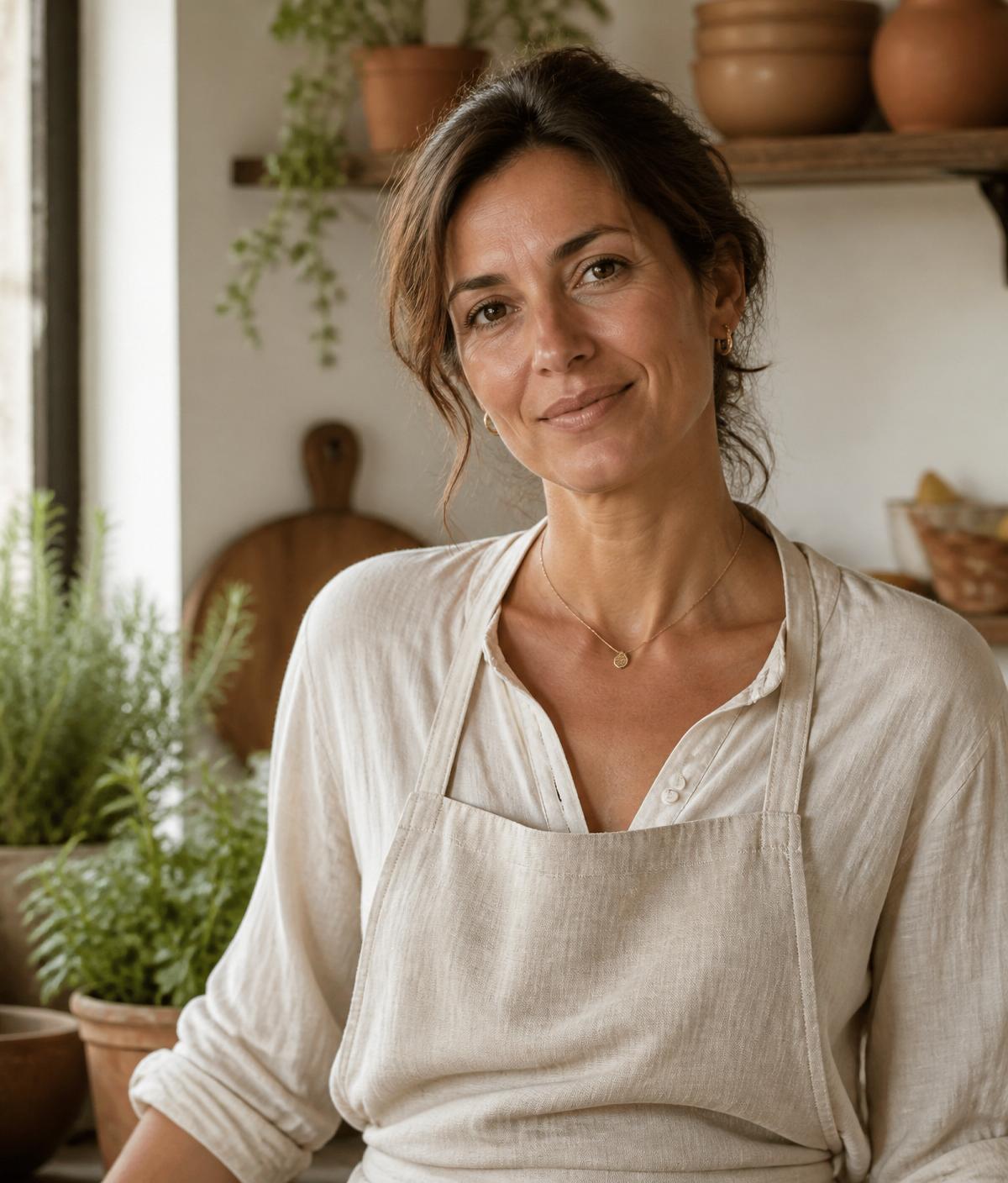Retrato da Inês Duarte numa cozinha mediterrânica luminosa
