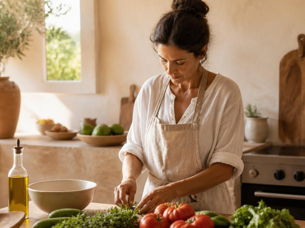 Inês Duarte a preparar vegetais frescos numa cozinha mediterrânica luminosa