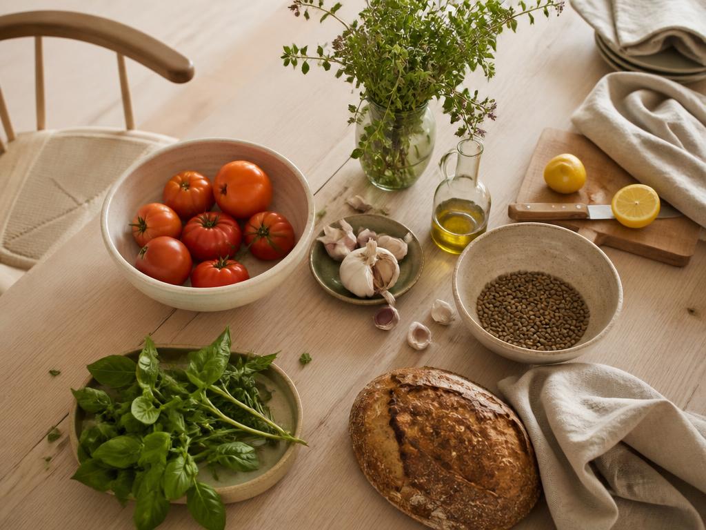 Mesa de madeira clara com ingredientes frescos mediterrânicos, pão, azeite e ervas