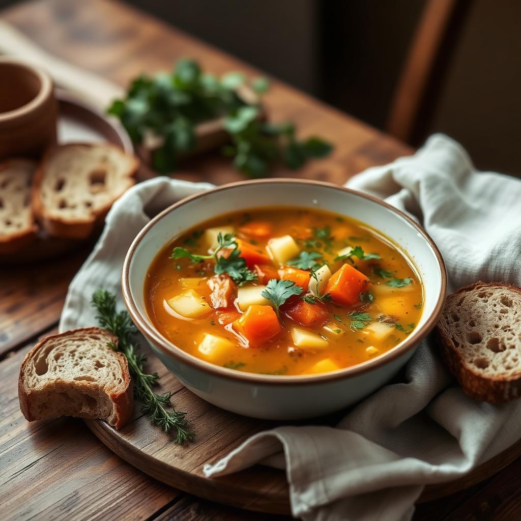 Taça de sopa de legumes com pão de fermentação natural